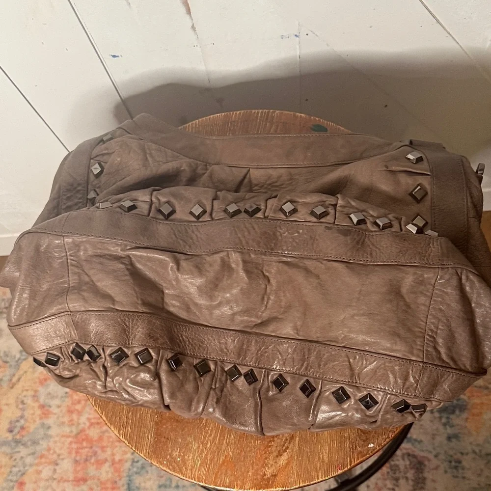 Treesje Dark Greige Leather Hobo Bag Stud Accents